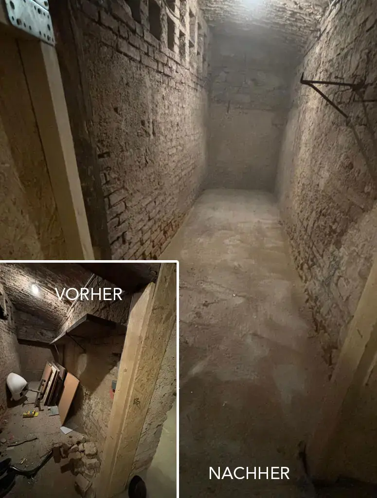 Kellerabteil vor und nach der Räumung durch IFH Entrümpler