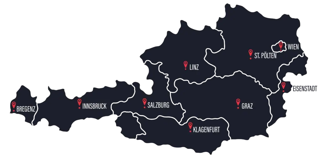 Landkarte Österreichs mit den Einsatzgebieten von IFH Entrümpler