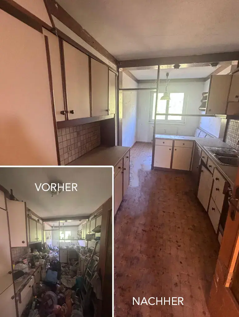 Küche einer Messi-Wohnung vor und nach der Räumung durch IFH Entrümpler